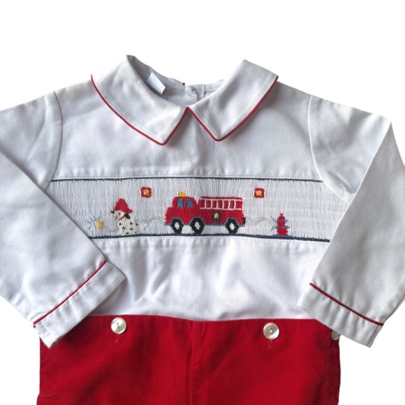 Anavini Smocked Button-On Shortall Outfit Firetruck 2 - Picture 2 of 6